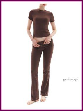 2 Piece Lounge Set Short Sleeve Top Fold-Over Flare Pants Casual Matching